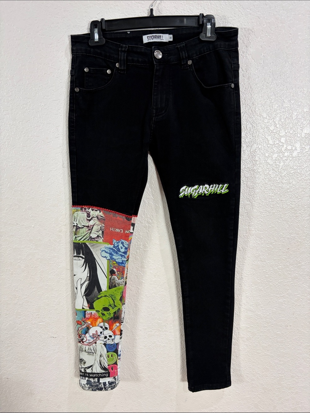 SUGARHILL,Size 30,Black Men’s Graphic Patch Jeans